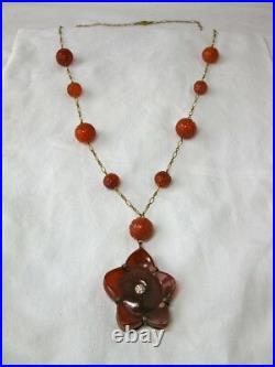 Victorian Carnelian Diamond Necklace c1870 Hand Carved Flower Rare Art Nouveau