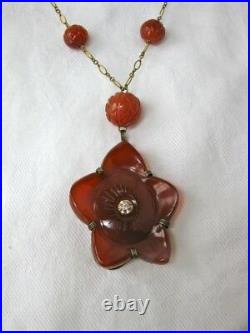 Victorian Carnelian Diamond Necklace c1870 Hand Carved Flower Rare Art Nouveau