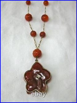 Victorian Carnelian Diamond Necklace c1870 Hand Carved Flower Rare Art Nouveau