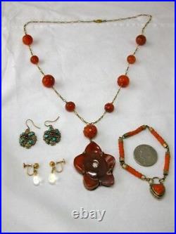 Victorian Carnelian Diamond Necklace c1870 Hand Carved Flower Rare Art Nouveau