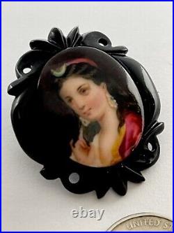 Victorian Carved Whitby Frame Hand Painted Portrait of Diana on Porcelain Brooch