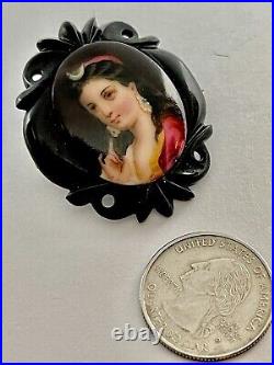 Victorian Carved Whitby Frame Hand Painted Portrait of Diana on Porcelain Brooch