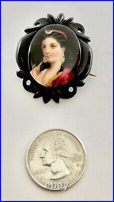 Victorian Carved Whitby Frame Hand Painted Portrait of Diana on Porcelain Brooch