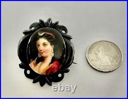 Victorian Carved Whitby Frame Hand Painted Portrait of Diana on Porcelain Brooch