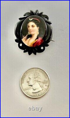 Victorian Carved Whitby Frame Hand Painted Portrait of Diana on Porcelain Brooch
