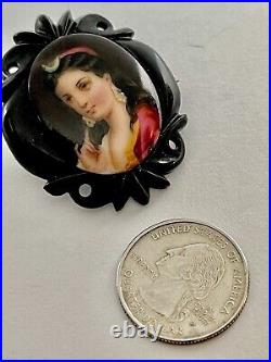 Victorian Carved Whitby Frame Hand Painted Portrait of Diana on Porcelain Brooch