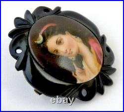 Victorian Carved Whitby Frame Hand Painted Portrait of Diana on Porcelain Brooch