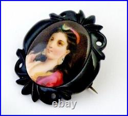 Victorian Carved Whitby Frame Hand Painted Portrait of Diana on Porcelain Brooch