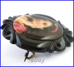 Victorian Carved Whitby Frame Hand Painted Portrait of Diana on Porcelain Brooch