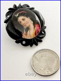 Victorian Carved Whitby Frame Hand Painted Portrait of Diana on Porcelain Brooch