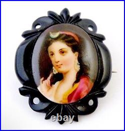 Victorian Carved Whitby Frame Hand Painted Portrait of Diana on Porcelain Brooch