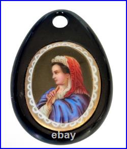 Victorian Carved Whitby Frame Hand Painted Portrait of Lady on Porcelain Pendant