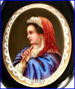 Victorian Carved Whitby Frame Hand Painted Portrait of Lady on Porcelain Pendant