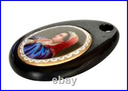 Victorian Carved Whitby Frame Hand Painted Portrait of Lady on Porcelain Pendant