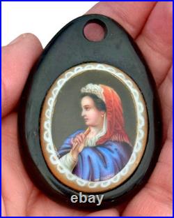Victorian Carved Whitby Frame Hand Painted Portrait of Lady on Porcelain Pendant