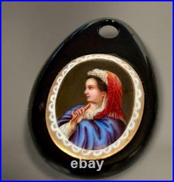 Victorian Carved Whitby Frame Hand Painted Portrait of Lady on Porcelain Pendant