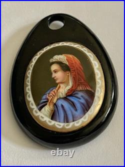 Victorian Carved Whitby Frame Hand Painted Portrait of Lady on Porcelain Pendant