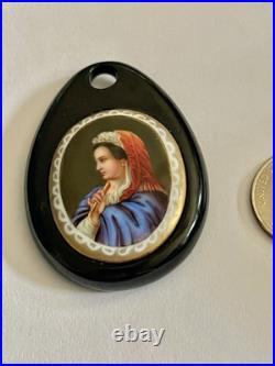 Victorian Carved Whitby Frame Hand Painted Portrait of Lady on Porcelain Pendant