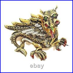 Victorian Copper Dragon Brooch Pin Ornate Stunning Hand Painted Statement 1.75