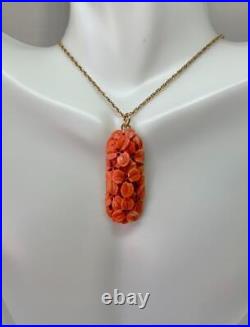 Victorian Coral Flower Pendant Hand Carved Circa 1880 Gold Rare Necklace