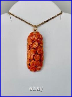 Victorian Coral Flower Pendant Hand Carved Circa 1880 Gold Rare Necklace