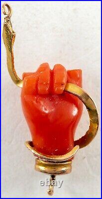 Victorian Coral Hand Pendant with Snake, 14K Gold circa 1880