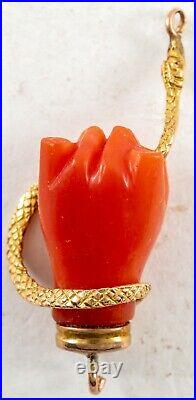 Victorian Coral Hand Pendant with Snake, 14K Gold circa 1880