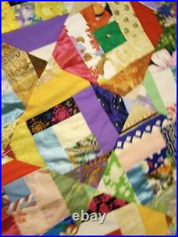 Victorian Crazy QUILT Masterpiece MCM Amish Embellished 77x67 Geometric Mod