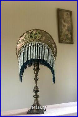 Victorian Crescent Moon Lamp Shade &Art Nouveau Base HAND SEWN Beaded Fringe vtg