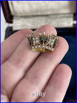 Victorian Crown brooch English 9K Gold hand painted Seed Pearl Very Rare