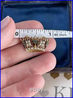 Victorian Crown brooch English 9K Gold hand painted Seed Pearl Very Rare