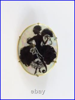 Victorian Dancing Woman Silhouette Cameo Brooch Hand Painted Luster Porcelain