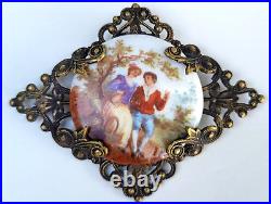 Victorian Dress Fur Clip Sash Pin Brooch Hand Painted Porcelain Brass Filigree