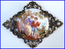 Victorian Dress Fur Clip Sash Pin Brooch Hand Painted Porcelain Brass Filigree