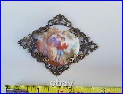 Victorian Dress Fur Clip Sash Pin Brooch Hand Painted Porcelain Brass Filigree
