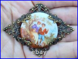 Victorian Dress Fur Clip Sash Pin Brooch Hand Painted Porcelain Brass Filigree