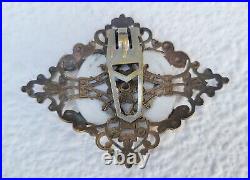 Victorian Dress Fur Clip Sash Pin Brooch Hand Painted Porcelain Brass Filigree