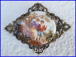 Victorian Dress Fur Clip Sash Pin Brooch Hand Painted Porcelain Brass Filigree