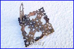 Victorian Dress Fur Clip Sash Pin Brooch Hand Painted Porcelain Brass Filigree