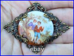 Victorian Dress Fur Clip Sash Pin Brooch Hand Painted Porcelain Brass Filigree