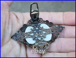 Victorian Dress Fur Clip Sash Pin Brooch Hand Painted Porcelain Brass Filigree