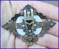 Victorian Dress Fur Clip Sash Pin Brooch Hand Painted Porcelain Brass Filigree