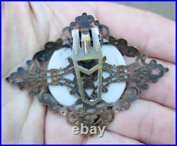 Victorian Dress Fur Clip Sash Pin Brooch Hand Painted Porcelain Brass Filigree
