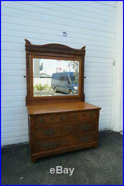 Victorian Early 1900s Tiger Oak Hand Carved Large Dresser with Mirror 1075