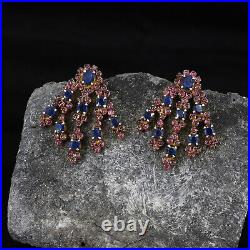 Victorian Earrings Blue Sapphire & Pink Tourmaline Studs Yellow Gold & Silver