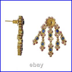 Victorian Earrings Blue Sapphire & Pink Tourmaline Studs Yellow Gold & Silver