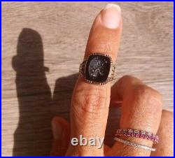 Victorian Era 10k Rose Gold Hand Carved Black Onyx Intaglio Ring