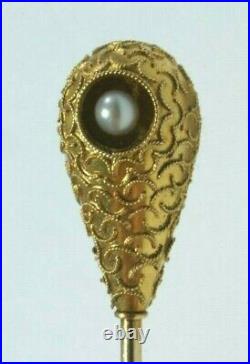 Victorian Era 14K Gold & Pearl Seed HAND-CHASED Hat Pin, Enos Richardson & Co