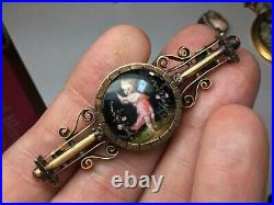Victorian Era Antique Gold Tone Hand Painted Enamel Cherub angel fairy Bar Pin
