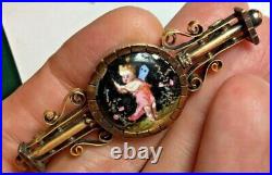 Victorian Era Antique Gold Tone Hand Painted Enamel Cherub angel fairy Bar Pin